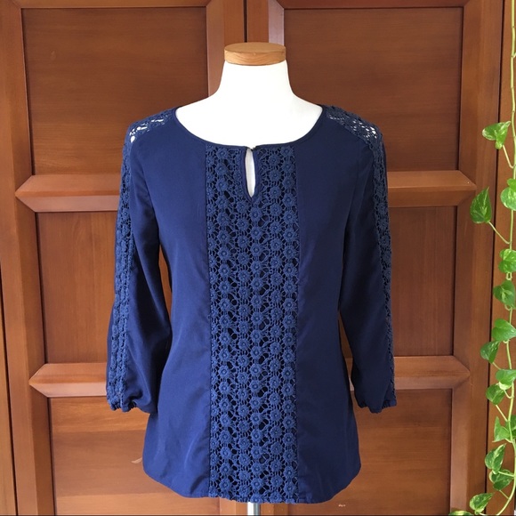 Dana Buchman Tops - Dana Buckman Navy Crocheted Blouse